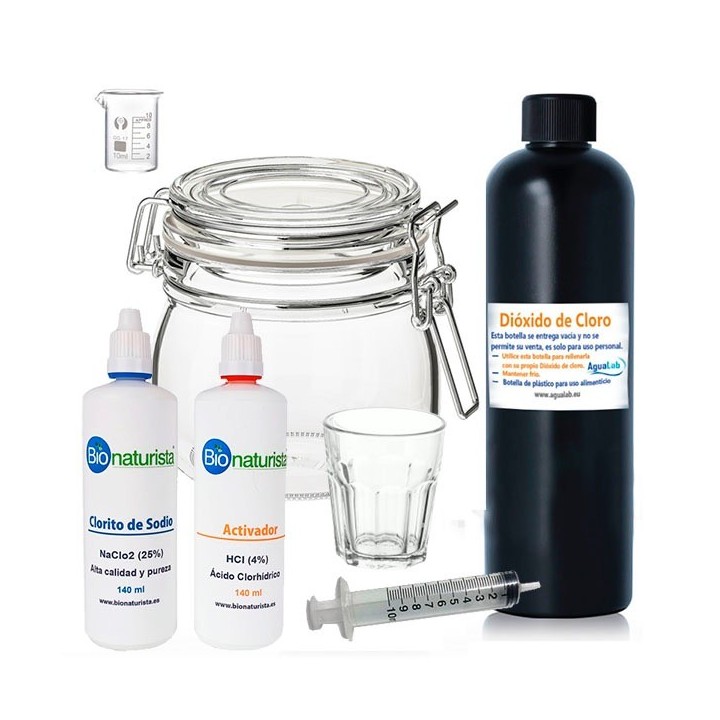 Kit Herramientas para potabilizar Clorito Sódico al 25% (140 ml) + Ácido Clorhídrico 4% | Agualab